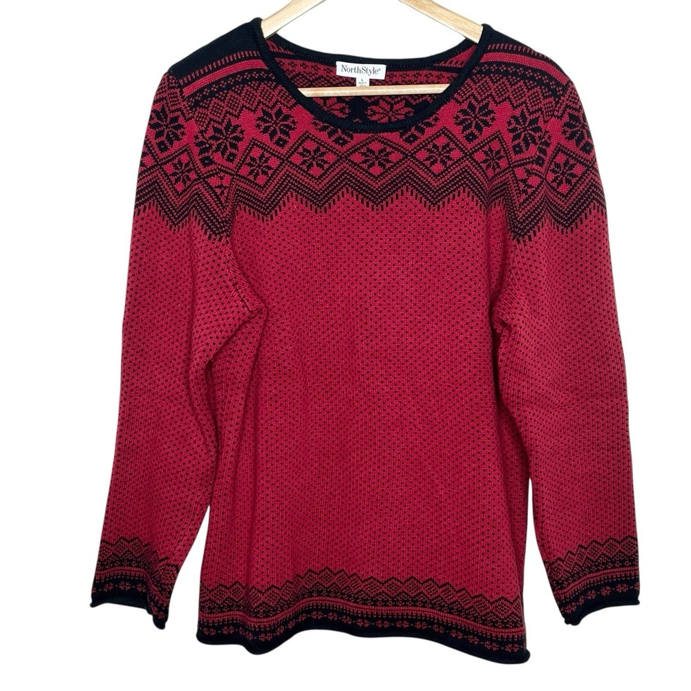 North Style Fair Isle Sweater Red Black Womens Size L Nordic Ski Cotton